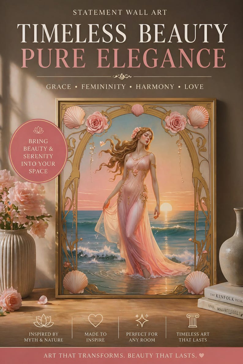 May include: Statement wall art print titled "Timeless Beauty Pure Elegance." The artwork features a woman in a flowing pink dress standing in the ocean at sunset. The print is framed with seashells and roses, with text that reads "Bring beauty & serenity into your space."