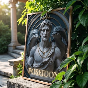 Poseidon Art Print: Greek Sea God, Classical Sculpture with Dolphins