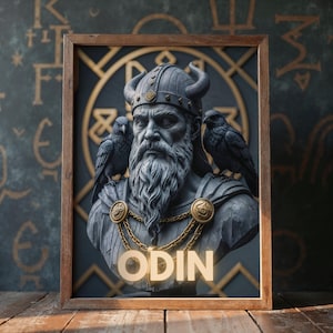 Odin Poster - Norse God of Wisdom Art, Classical Sculpture Print with Ravens, Premium Matte Wall Decor