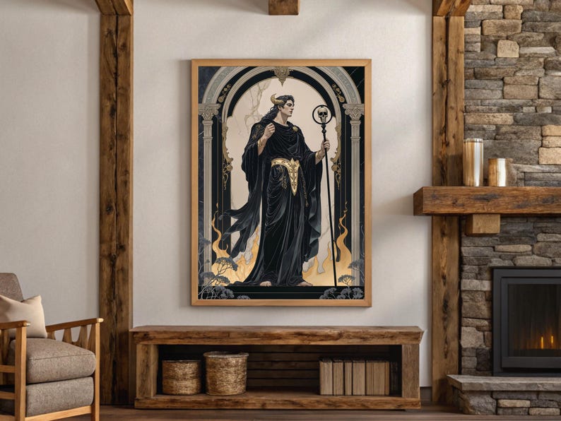 May include: Framed art print featuring a figure in black robes with a golden belt, holding a staff with a skull. The artwork has a gothic theme, set against a backdrop of an archway and flames. The frame is a light wood color.