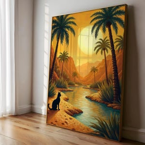 Luxus Bastet Oasis Kunstdruck, ägyptische Katze Poster, warme Wüstendekoration, sonnige Wandkunst, ruhiges Geschenk, einladendes Zuhause, lebendiges Wohndekor