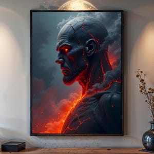 May include: A digital art print of a man's face with cracked, dark skin. The man's face is turned to the side, and his eyes are glowing red. The background is a fiery orange and red.