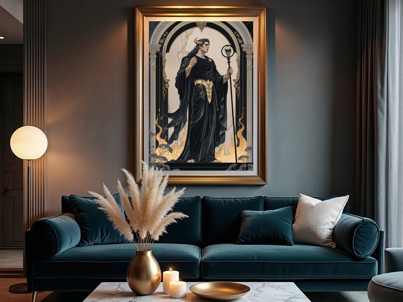May include: A framed artwork depicting a figure in black robes holding a staff, set against an arched background. The artwork is framed in gold and hangs above a teal sofa with decorative pillows. A gold vase with pampas grass and candles are on the coffee table.