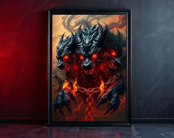 Cerberus Matte Poster: Art Nouveau Dark Fantasy Wall Art