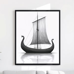 Schwarzweißes Drakkar Poster, minimalistischer Wikinger Schiffsdruck, nautisches nordisches Kunst, Vintage Drakkar Dekor, klassisches Schiff Geschenk, minimalistische Kunst
