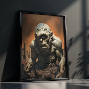 May include: A framed painting of a grotesque, gray-skinned creature with one large eye. The creature is standing in front of a background of stone pillars.