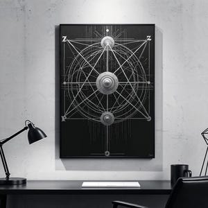 May include: A black and white geometric design print with a silver metallic finish. The design features a series of overlapping circles and lines, creating a complex and intricate pattern. The print is framed in a black frame and is hanging on a white wall.