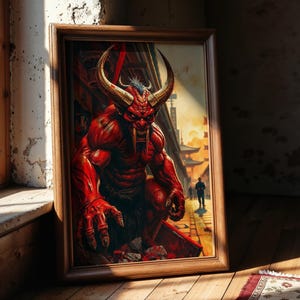 Oni Poster | Japanese Demon Engraving Print, Dark Mythology Art & Vintage Illustration, Gothic Demon Wall Decor