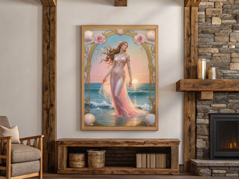 Op de afbeelding: Een ingelijste kunstdruk toont een vrouw in een vloeiende roze jurk in de oceaan bij zonsondergang. Het kunstwerk heeft een gouden lijst met schelp- en bloemdetails en een serene oceaanachtergrond.