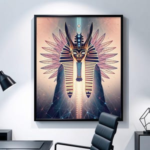 Könnte beinhalten: Ein digitaler Kunstdruck mit einer stilisierten Darstellung eines ägyptischen Pharaos mit goldenem Kopfschmuck und blau-weißem Hintergrund.