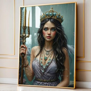May include: A woman with long dark hair wears a crown with blue gems and a purple dress. She holds a golden trident in her right hand and has a necklace with turquoise and silver charms. The background is a blue and green watercolour wash.