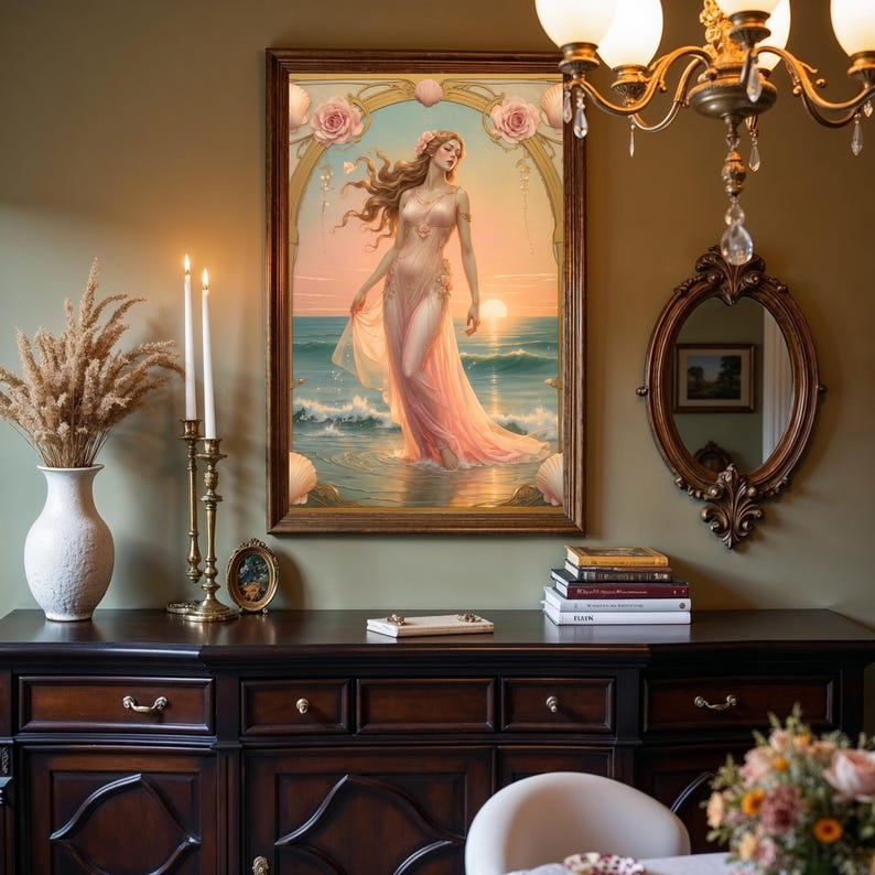 Op de afbeelding: Een ingelijst schilderij van een vrouw in een roze jurk in de zee bij zonsondergang. Het kunstwerk hangt boven een donkerhouten kast, met een gouden kroonluchter en spiegel op de achtergrond. Een witte vaas en kaarsen staan op de kast.