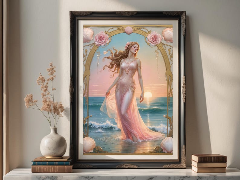 Op de afbeelding: Een ingelijste kunstdruk van een vrouw in een roze jurk in de oceaan bij zonsondergang. Het kunstwerk heeft een decoratieve boog met rozen en schelpen, in een donkere houten lijst. Een vaas met gedroogde bloemen staat op een plank.