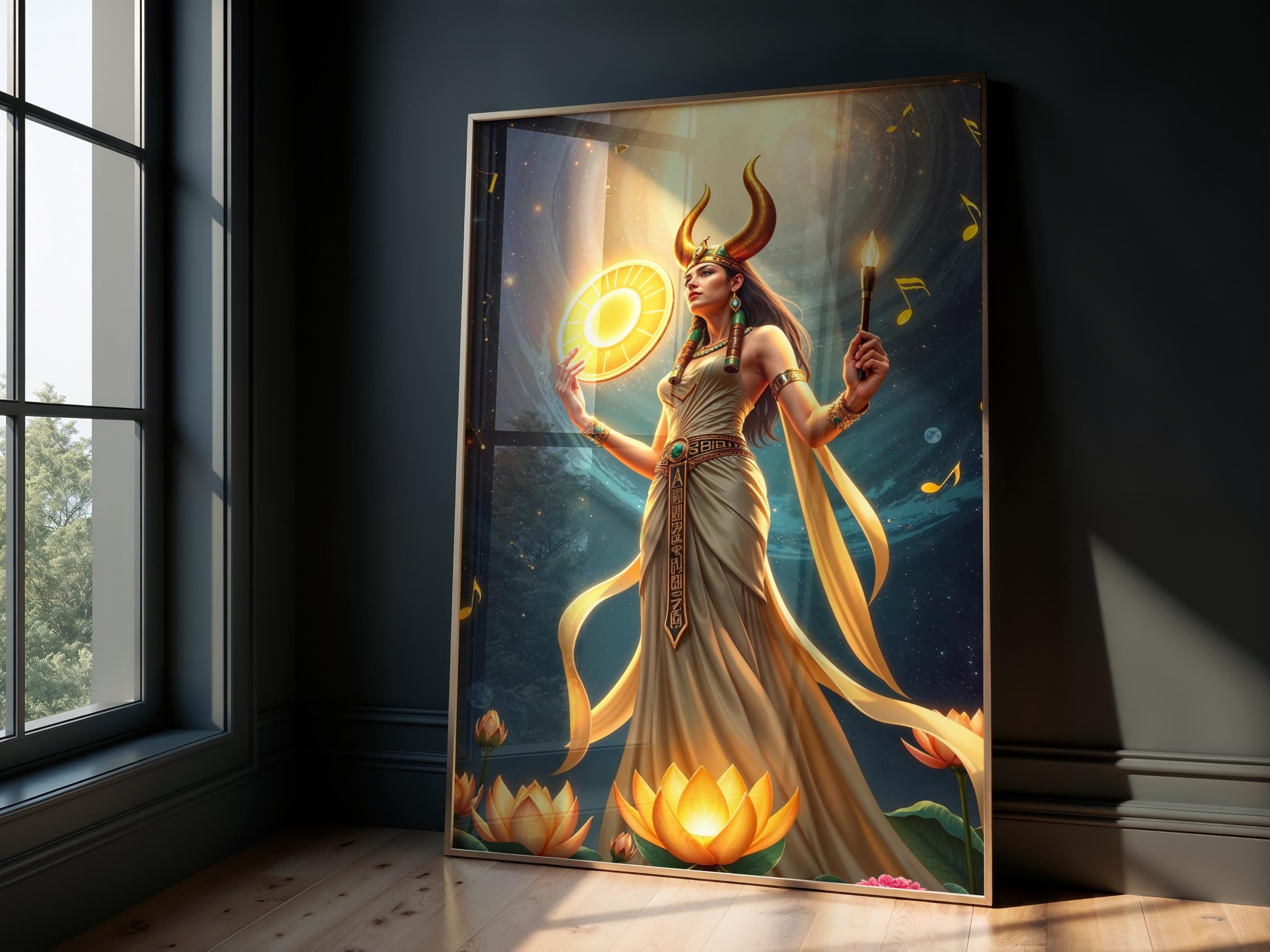 Póster de diosa egipcia / Decoración de pared espiritual de Hathor, regalo de arte de maternidad para amantes de la mitología, arte de pared de mitología egipcia