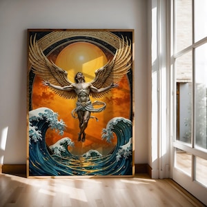 Icarus Luxury Art Print, The Fall of Ambition, Griekse mythologie, kunst, abstract weelderig design, vleugels van goud en oceaangolven