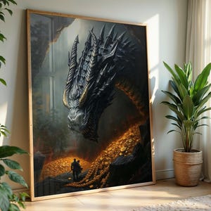 May include: A large, black dragon with gold scales emerges from a cave, its head looming over a small figure in the foreground. The dragon's eyes are glowing red, and its mouth is open in a menacing snarl.