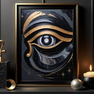 Eye of Horus Premium Matte Poster, Egyptian Symbol of Protection and Power, Abstract Opulent Mythology Art, Black and Gold Divine Decor