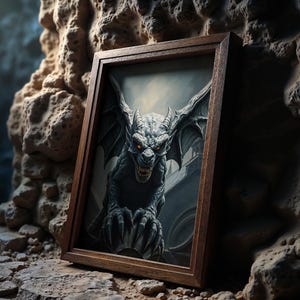 Gargoyle Poster, Gothic Architecture Art Print, Dark Legends Grotesque Illustration, Vintage Stone Guardian Decor