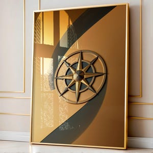 Op de afbeelding: Een gouden kompas met een zwarte achtergrond en een gouden frame. Het kompas is geplaatst tegen een achtergrond van goud en zwart.