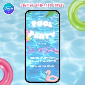 Animated Pool Party Invitation Video, Digital Summer Party Invite, Kids Birthday Party Evite, Any Age Evite, Teen/Tween Party Invite, Canva