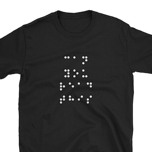 May include: Black t-shirt with a white Braille pattern on the front. The Braille pattern reads "LOVE".
