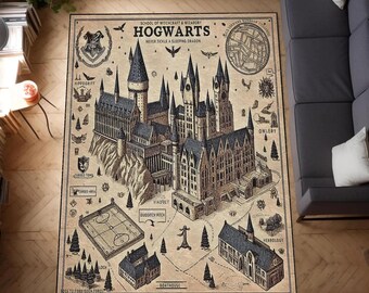 May include: Beige area rug featuring a detailed illustration of Hogwarts School of Witchcraft and Wizardry. The rug includes the text "Hogwarts" and various labeled locations like "Quidditch Pitch" and "Herbology". The design is in black and beige.