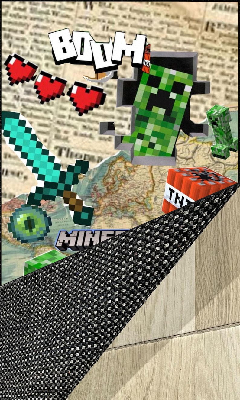 May include: A digital art piece featuring Minecraft characters and elements. The image includes a pixelated green Creeper, a diamond sword, red hearts, and a TNT block. The word "BOOM" is displayed in a comic book style, with the word "MINE" visible.