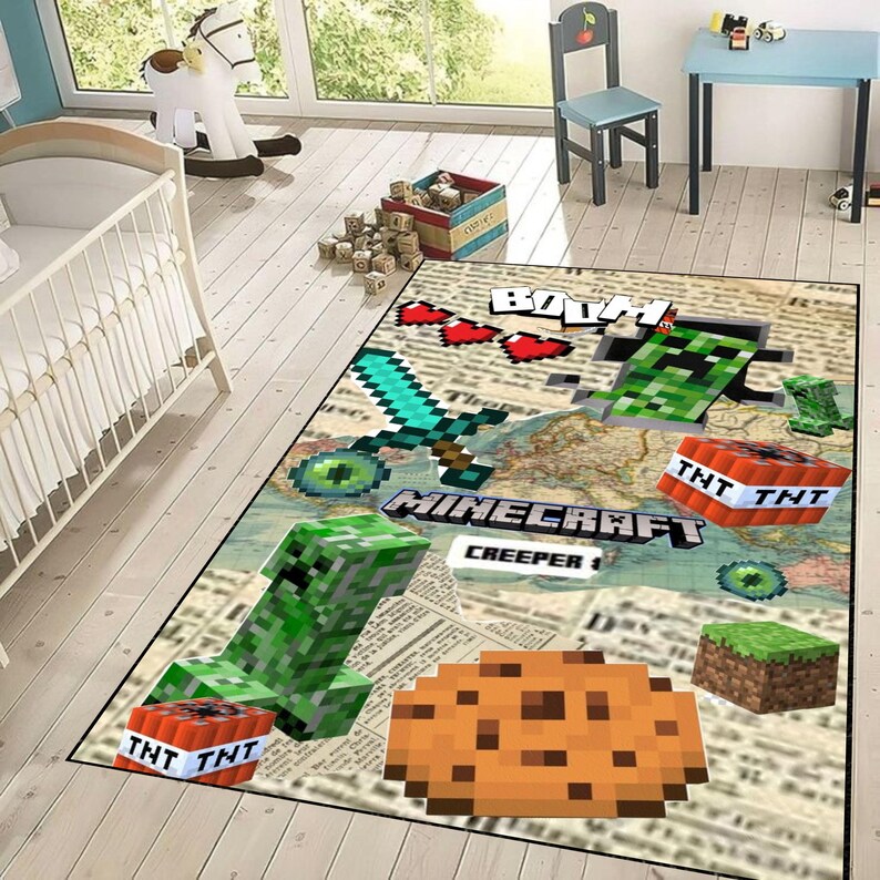 May include: Rectangular Minecraft-themed rug featuring pixelated graphics of a sword, Creeper, TNT, cookie, and grass block. The rug has a world map and newspaper background with the word "BOOM" and the Minecraft logo.