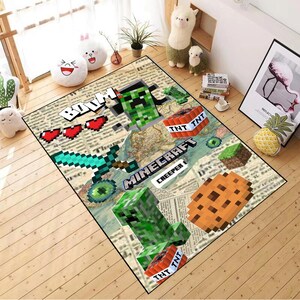 May include: Rectangular Minecraft-themed rug featuring pixelated graphics of a sword, TNT, Creeper, and a cookie. The rug has a map and newspaper background with the word "Minecraft" in bold letters. The rug is on a wooden floor.