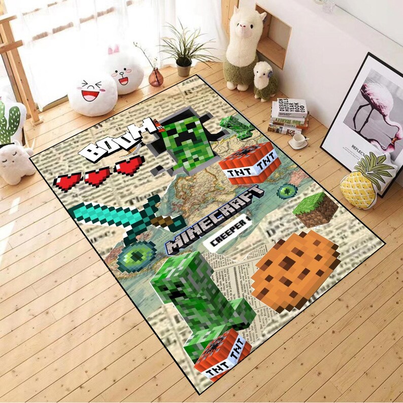 May include: Rectangular Minecraft-themed rug featuring pixelated graphics of a sword, TNT, Creeper, and a cookie. The rug has a map and newspaper background with the word "Minecraft" in bold letters. The rug is on a wooden floor.