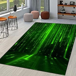 May include: A rectangular green rug with a digital rain pattern. The rug features a matrix-like design with vertical lines of green numbers and symbols against a black background. The rug is placed on a light-colored wooden floor.
