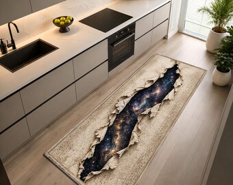 May include: A rectangular runner rug featuring a beige, distressed-look border and a central 3D-effect design that appears as a torn opening revealing a deep space galaxy with bright stars, nebulae, and dark cosmic clouds across the floor.