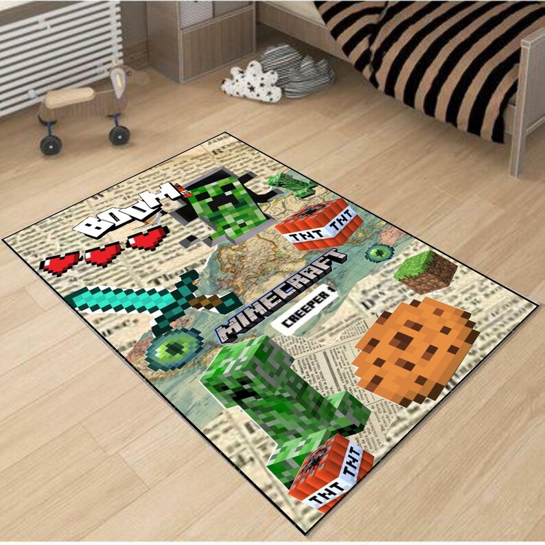 May include: Rectangular Minecraft-themed rug featuring pixelated graphics of a sword, Creeper, TNT, and a cookie. The rug has a map design in the center and the word "Minecraft" is displayed prominently.