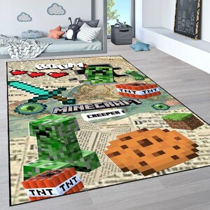 May include: A rectangular Minecraft-themed rug featuring pixelated graphics of a green Creeper, TNT blocks, a sword, and a cookie. The rug has a map and newspaper background with the word "Minecraft" prominently displayed.