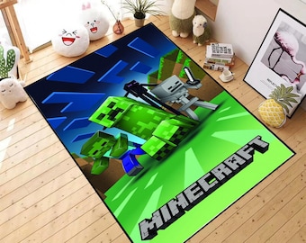 Pixel Adventure Rug : Green Monster Gamer Carpet for Kids Room & Video Game Play Area.