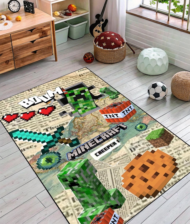 May include: A rectangular Minecraft-themed rug featuring pixelated graphics of a Creeper, TNT blocks, a sword, and a cookie. The rug has a map design in the background with the word "Minecraft" in a blue and white font.