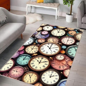 May include: A rectangular area rug featuring a repeating pattern of antique clocks in various sizes and colors. The clocks have white faces with black Roman numerals and hands, set against a dark background. The rug is placed on a wooden floor.