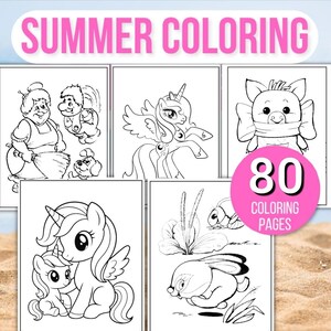 Op de afbeelding: Een verzameling kleurplaten met bovenaan de tekst "SUMMER COLORING". De pagina's bevatten verschillende stripfiguren, waaronder een varken, een eenhoorn en een konijn. De afbeelding bevat ook een roze cirkel met het nummer "80" en de woorden "COLORING PAGES".