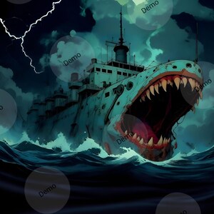 May include: An artistic illustration depicts a ship transformed into a shark, with a gaping maw of sharp teeth. The ship is teal, set against a stormy sea and dark, cloudy sky with lightning. The image evokes a sense of danger and fantasy.