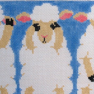 May include: Five white sheep with black eyes and pink ears are lined up against a blue background. The sheep are facing forward with their heads tilted slightly down.