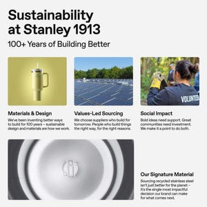 Puede incluir: Un anuncio con el texto "Sostenibilidad en Stanley 1913" y "M&aacute;s de 100 a&ntilde;os construyendo mejor". La imagen incluye un vaso aislado amarillo, paneles solares y una persona con una camiseta de "VOLUNTARIO".