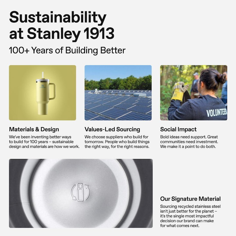 Puede incluir: Un anuncio con el texto "Sostenibilidad en Stanley 1913" y "M&aacute;s de 100 a&ntilde;os construyendo mejor". La imagen incluye un vaso aislado amarillo, paneles solares y una persona con una camiseta de "VOLUNTARIO".