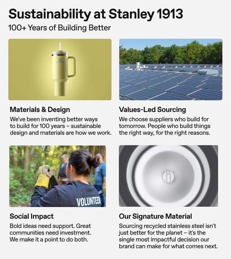 May include: An image showcasing Stanley's commitment to sustainability. It features a light yellow insulated tumbler with a handle and straw, solar panels, a volunteer, and a close-up of a stainless steel component. Text includes "Sustainability at Stanley 1913."
