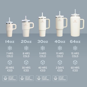 May include: A collection of insulated cream-colored tumblers with handles and straws, ranging from 14oz to 64oz. Each tumbler is labeled with its size and cold/iced duration. The design includes a car cup holder compatible icon.