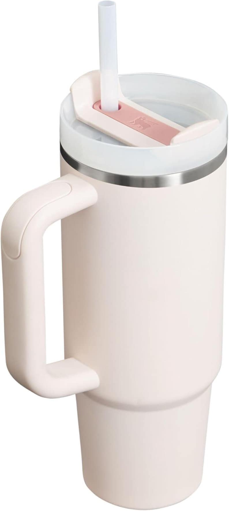 May include: A light pink insulated tumbler with a handle and a white lid. The lid has a pink slider and a clear straw. The tumbler is designed to keep beverages cold or hot.