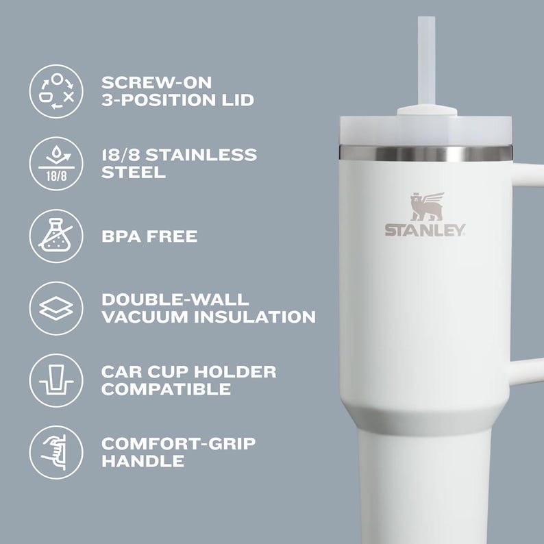May include: White Stanley tumbler with a screw-on, 3-position lid and a comfort-grip handle. Features include 18/8 stainless steel, BPA-free, and double-wall vacuum insulation. The tumbler is car cup holder compatible.
