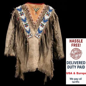 Camisa de guerra de piel de búfalo hecha a mano: atuendo de powwow con cuentas