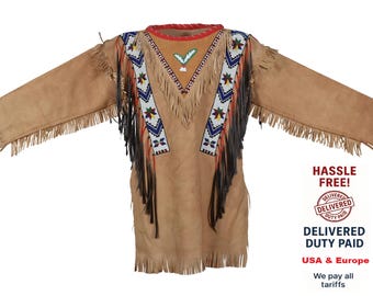 Handmade Suede War Shirt: Beaded Powwow Regalia
