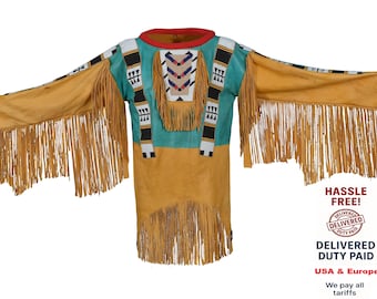 Handmade Suede Leather War Shirt: Beaded Powwow Regalia