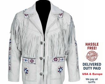 Western Fringes Custom-Made White Cowhide Soft Leather Jacket – Handcrafted, Boho Chic & Unique Style